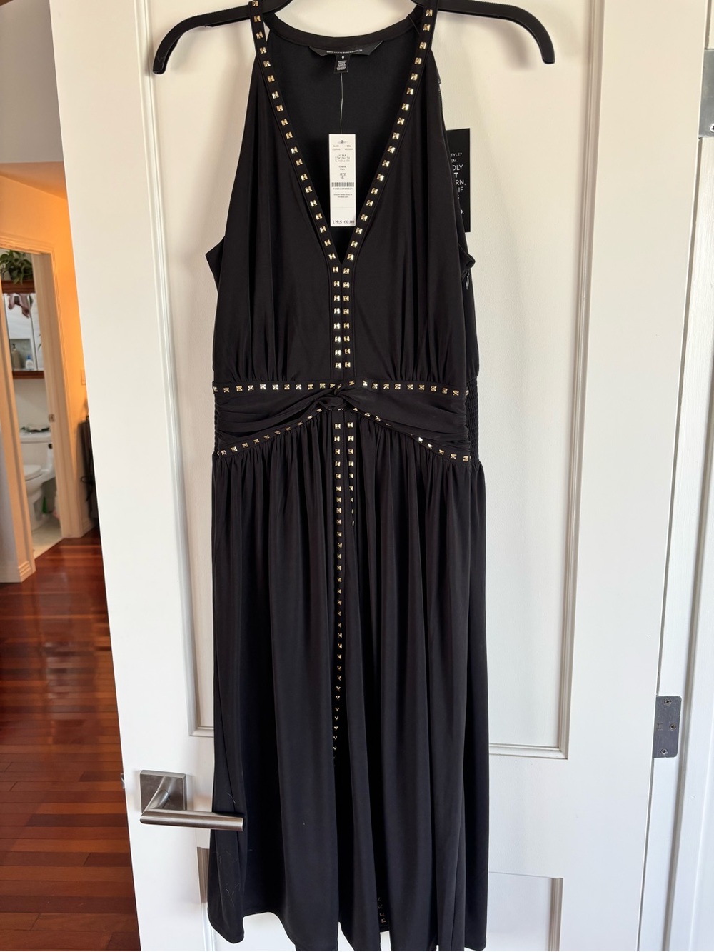 White House Black Market Black Studded V-Neck Midi Dress